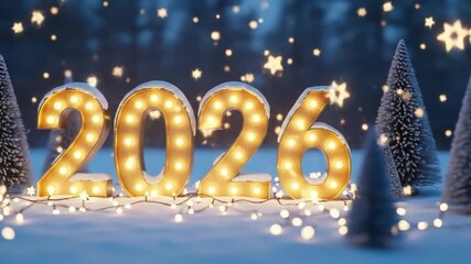 Glowing 2026 Marquee Numbers in Snowy Winter Wonderland with Twinkling Star Lights and Frosted