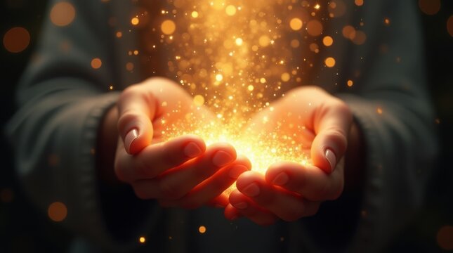 Hands Receiving a Shower of Golden Sparks, Blessing from the Sky 
