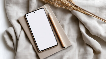 smartphone UX prototype mockup lying on Cloud Dancer linen notebook with wooden pen, zen simplicity, balanced composition, 