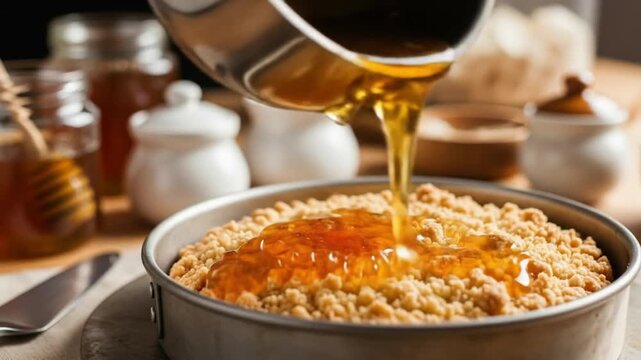 Golden Honey Drizzling onto Delicious Crumble Dessert in Baking Pan Close Up Sweet Treat Preparation
