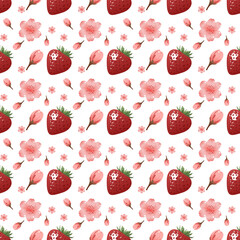 Strawberry and Sakura Floral Seamless Pattern Design