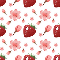 Strawberry and Sakura Floral Seamless Pattern Design