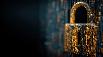 A close up of a lock stands out against a dark background filled with glowing digital patterns. This scene highlights themes of data security and protection in a modern setting.