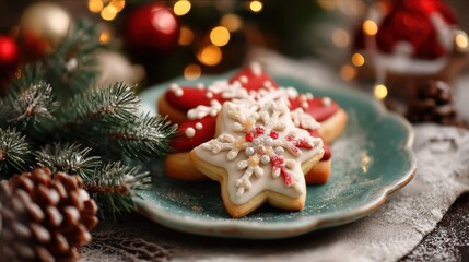 Cookies shaped like stars and hearts sit on a blue plate. Around the plate are pine branches ornaments and soft glowing lights creating a holiday setting.