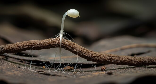 Mycoheterotrophic seedling attached to fungal rhizomorph