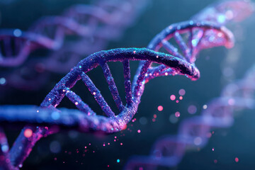 3d rendering of a vibrant dna double helix strand with glowing particles representing genetic information and molecular biology in a futuristic style