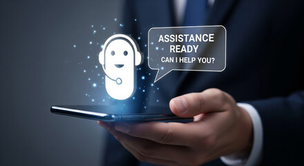 Person holding a smartphone displaying a cheerful chatbot offering assistance, symbolizing digital support and customer service.