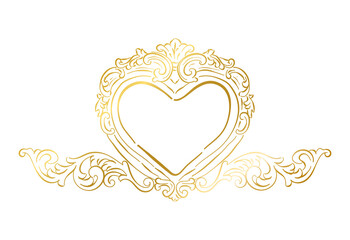 Vintage Baroque Victorian heart gold Frames, hand drawn ornamental badge and borders, Golden antique ornate elegant decorative elements, png transparent background