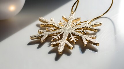 Crafted sparkling gold snowflake ornament lying on a pristine white surface, with intricate macro texture details that reveal the subtle patterns and shapes of the metal.