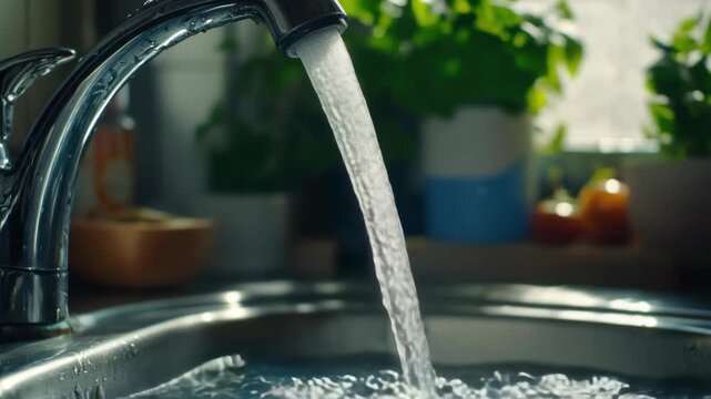 Close-up of silver metal kitchen sink with running water creating a splash and shimmer, suggesting a cleaning process or perhaps artistic expression.