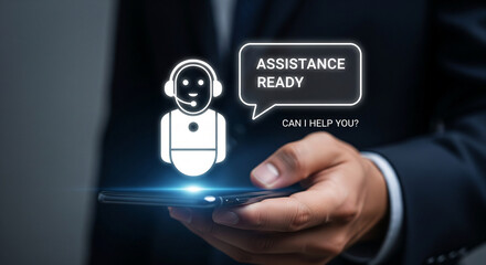 Customer service chatbot icon appears on smartphone held by professional, offering instant assistance.