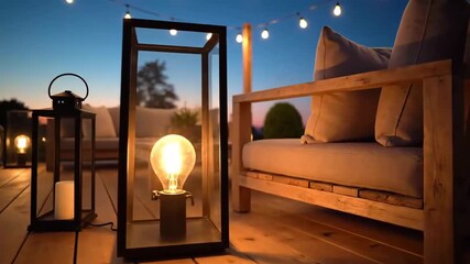 Evening Ambiance: Outdoor Lounge With Lanterns, Relaxed Atmosphere and String Lights - Powered by Adobe