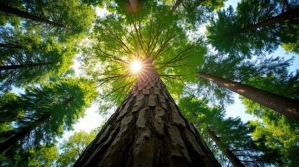 Majestic tall tree viewed from below with sunlight filtering through green canopy, forest perspective, copy space 
