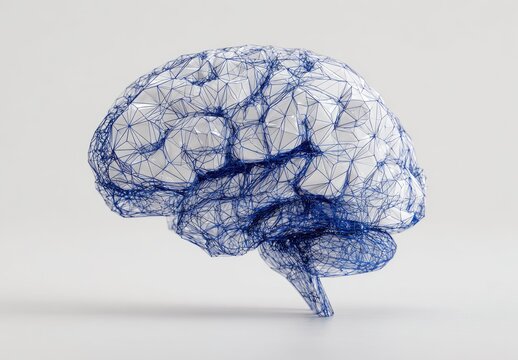 Low-poly human brain model, shown in blue wireframe against a white background