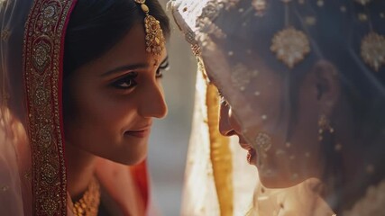Two South Asian women in traditional bridal attire, adorned with henna and jewelry, sharing a celebratory moment at a Hindu wedding ceremony.