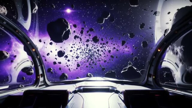 Spaceship Window View Looking Out at Nebula and Asteroids