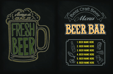 A creative chalkboard design featuring a beer mug and a menu for craft beers. Perfect for bars and breweries.