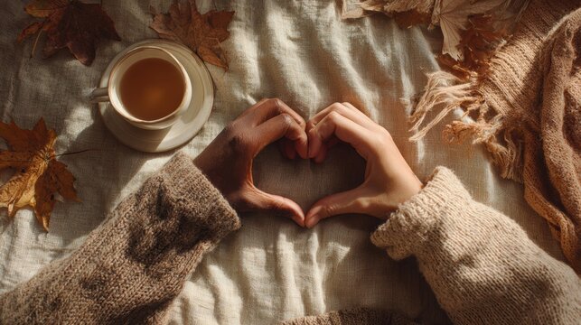 Top view of interracial hands forming a heart shape surrounded by warm sweaters, autumn leaves, and a cup of tea on soft linen fabric.