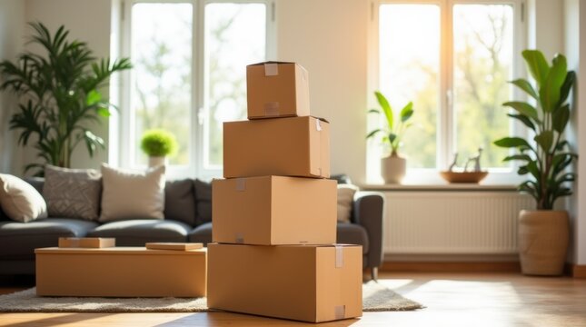Stacked moving boxes in sunlit living room interior with modern furniture and houseplants, copy space 
