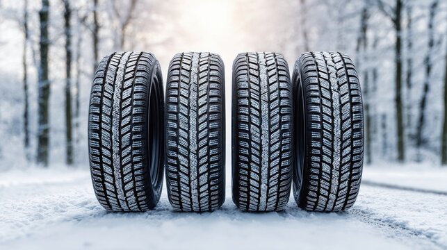Fototapeta Set of winter tires standing in snow with blurred forest background