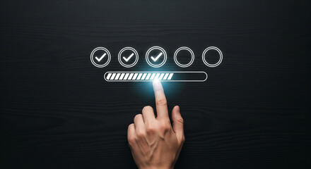 Finger touching glowing progress bar with checkmarks indicating successful completion of tasks