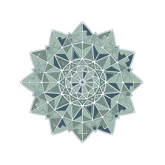 Geometric mandala design with triangles, circles, and lines in shades of green and blue.