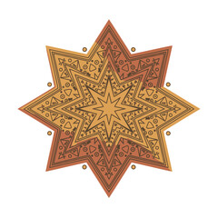 Ornamental eight pointed star with geometric pattern in brown and orange tones.