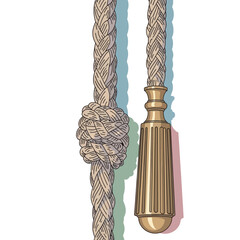 Illustration of a light tan rope with a monkey fist knot and a brass pull handle.
