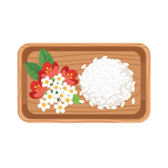 Top view of rice and flowers on wooden tray, culinary presentation and decoration.
