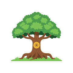 Cartoon tree with green leaves, brown trunk, roots, grass and a sun symbol on trunk.