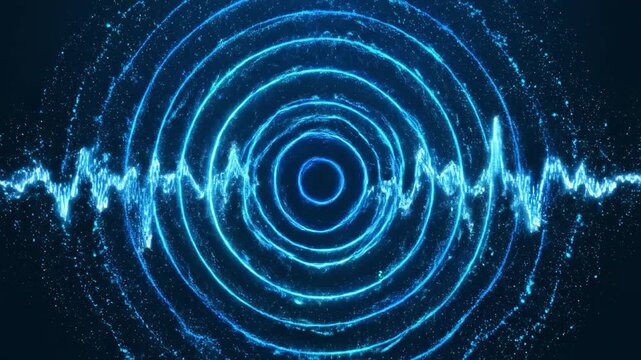 Dynamic abstract digital sound waves propagating and resonating across a smooth dark blue screen background darkness, modern, data