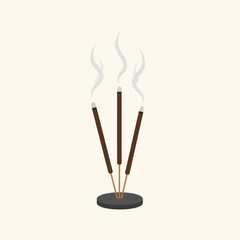 Three incense sticks burning in a holder, releasing smoke. Aromatherapy and relaxation.