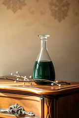 A refined glass decanter filled with dark green liquid, its translucent body reflecting subtle light, stands proudly on a rustic wooden dresser with a smooth, honey-brown finish