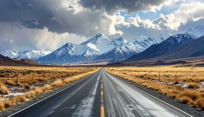A long road leading to snow-covered mountains under a dramatic cloudy sky across dry grasslands.