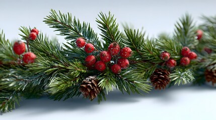 Obraz premium A festive Christmas garland with pine branches, red berries, and pinecones lies horizontally against a light background.