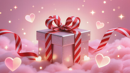 A whimsical gift box wrapped in candy-striped ribbon, floating heart-shaped confetti, soft pink gradient background, warm ambient lighting, celebration atmosphere