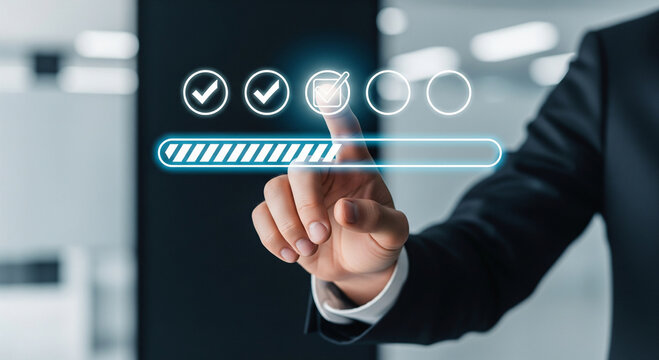 Digital progress bar with check marks, businessman touching virtual loading screen, performance evaluation concept