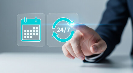 Business professional selects 24/7 service icon on a digital interface, representing constant availability and scheduling.