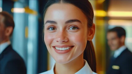 Smiling professional woman in business setting, likely at reception or customer service.