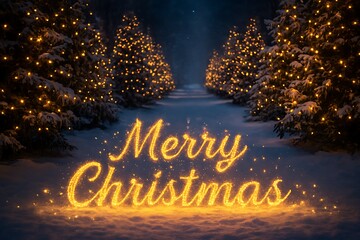 Modern Blue Neon Light Christmas Tree and Glowing Merry Christmas Text on Dark Blue Background with Snowflakes and Sparkles