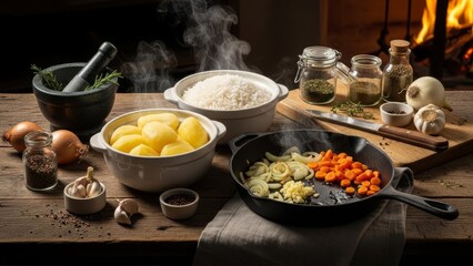 Cozy Fireplace Setting: Steaming Potatoes, Rice, and Sautéed Ingredients for Gourmet Stuffing