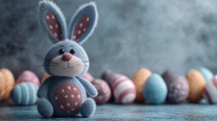 A blue bunny figure with polka dots poses in front of various Easter eggs. The eggs are placed against a textured background. The scene suggests a festive spring celebration.