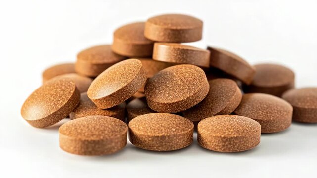 Brown pills in a neatly stacked pile, possibly an over-the-counter medication.