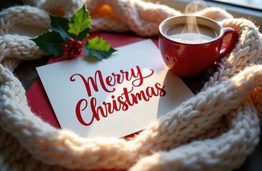 Cozy Christmas composition featuring a greeting card with text, a steaming red cup of coffee, a white knitted scarf, and holly berries on a wooden table
