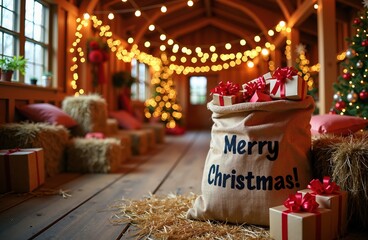 A large burlap sack filled with gift boxes and printed Merry Christmas text. Rustic wooden barn setting with hay, fairy lights, and decorated trees