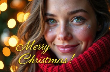 Close-up portrait of a happy young woman with snowflake glitter makeup and a red knitted sweater. Merry Christmas text overlay with festive bokeh lights background