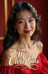 Beautiful Asian woman in a red dress with silver snowflake hair accessories. Elegant festive portrait with a golden Merry Christmas text overlay