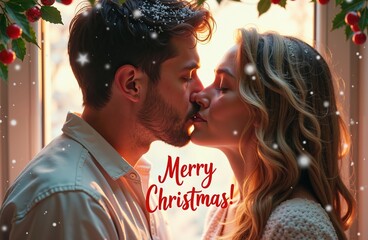 Romantic couple kissing near a window with Christmas decorations. Cozy indoor atmosphere with falling snow and red Merry Christmas text