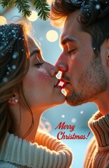 Romantic couple about to kiss outdoors in winter with snowflakes on their hair. Close-up profile shot with sun flare and red Merry Christmas text