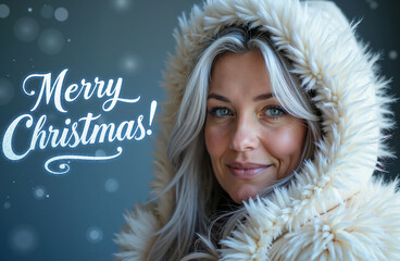 Mature woman in warm, fur-trimmed winter hood smiles. Festive background with snow bokeh and Merry Christmas text